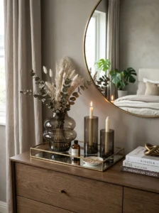 moked glass accessories in a luxury bedroom.