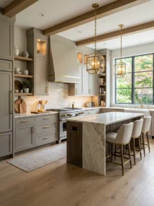 Custom blended neutral kitchen cabinets in a designer kitchen