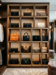 Handbag storage cubbies inside closet
