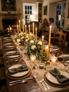 Dining table decorated with candles of different heights