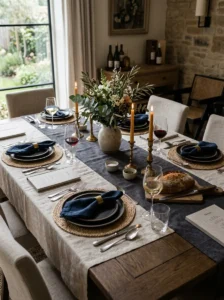 Dining table with layered tablecloth, runner, and woven placemats