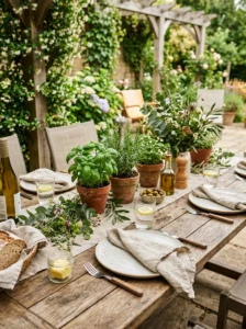 Dining table decorated with fresh basil and rosemary centerpiece pots