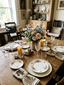 Dining table mixing vintage china with modern dishware