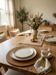 Dining table with textured woven rattan placemats