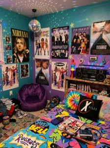 Small mirrored disco ball adding playful 90s style to a colorful bedroom.