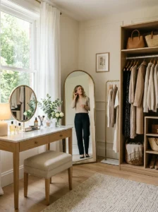 Full-length mirror beside a beauty vanity for checking complete outfits and appearance.
