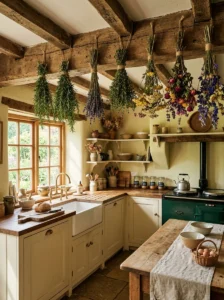 Dried herbs and flowers hanging from beams in a cottage kitchen.