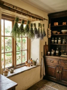 Dried herbs hanging near a window in a vintage apothecary kitchen