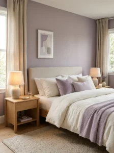 Soft lavender bedroom with cream bedding and warm neutral accents.