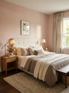 Dusty rose bedroom with cream bedding and warm brass lighting.