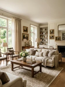 Warm neutral color palette in a timeless classic living room