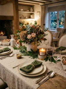 Dining table decorated with fresh herbs and a subtle scented candle