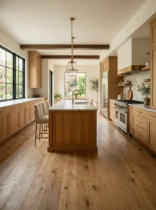 Wood accent wall behind open shelving in a warm kitchen
