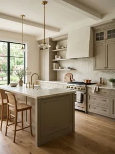 Warm greige kitchen cabinets with neutral countertops
