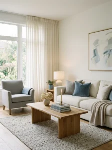 Living room decorated with a restrained neutral color palette.