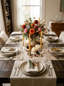 Dining table with neatly folded seasonal linen napkins