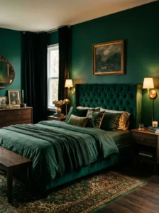 Bedroom with deep jewel-tone walls creating a romantic atmosphere.