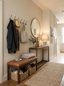 Compact entryway bench providing seating and storage