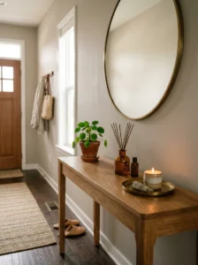 Reed diffuser and candle creating a welcoming entryway atmosphere