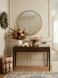 Seasonal entryway decor with pumpkins and warm floral accents