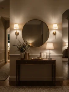 Brass wall sconces providing layered entryway lighting