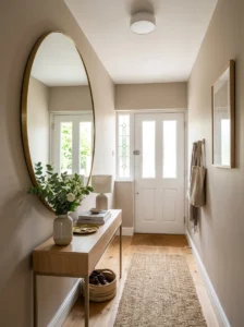 Large round mirror making a small entryway feel brighter and larger