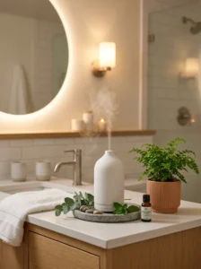 Essential oil diffuser creating a calming atmosphere in a spa bathroom