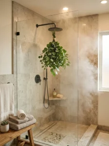 Fresh eucalyptus hanging from a showerhead in a spa bathroom