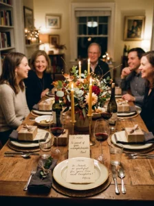 Dining table with personalized notes and small guest favors