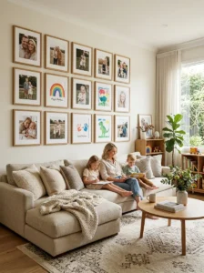 Family photo gallery wall in a family room.