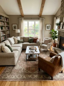 Conversation-friendly furniture arrangement in a family room.
