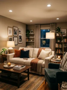Layered lighting creating a warm family room atmosphere.