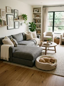 Pet-friendly family room with a cozy dog bed.