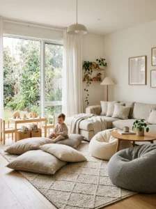 Comfortable floor seating inside a family room.