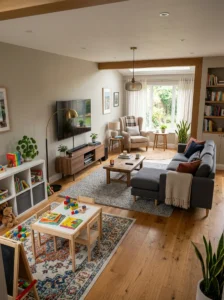 Family room organized into multiple activity zones.