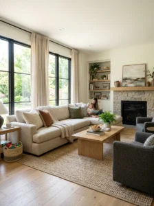 Family room furnished with washable fabrics.