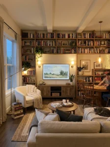 Family room balancing TV viewing and reading spaces.