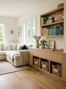 Family room with built-in toy storage.