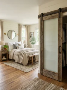 Barn-style closet door with frosted glass insert
