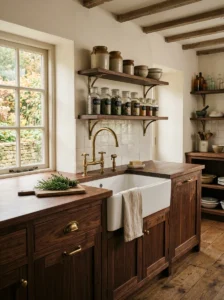 Farmhouse sink with aged brass bridge faucet in an apothecary kitchen
