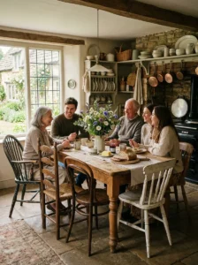 Farmhouse table surrounded by mismatched vintage chairs.