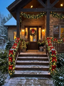 Christmas garland and lights wrapped around porch railings