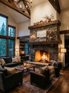 Tall stone fireplace surround anchoring a high-ceiling living room.