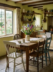 Collected cottage kitchen with mismatched furniture and vintage décor.