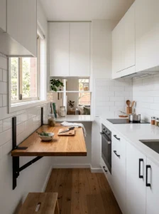 Small kitchen with a fold-down wall-mounted prep station