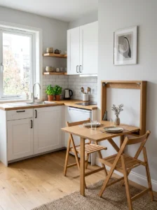 Small kitchen with a space-saving fold-down wall table