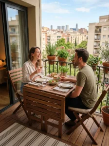 Foldable dining table providing flexible outdoor eating space on a small balcony.