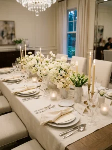 Elegant monochromatic white and cream dining table setting