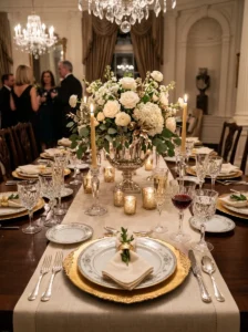 Formal dining table with decorative chargers beneath each place setting