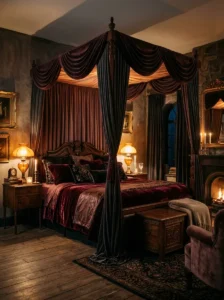 Dark fabric canopy creating a cozy witchy bedroom.